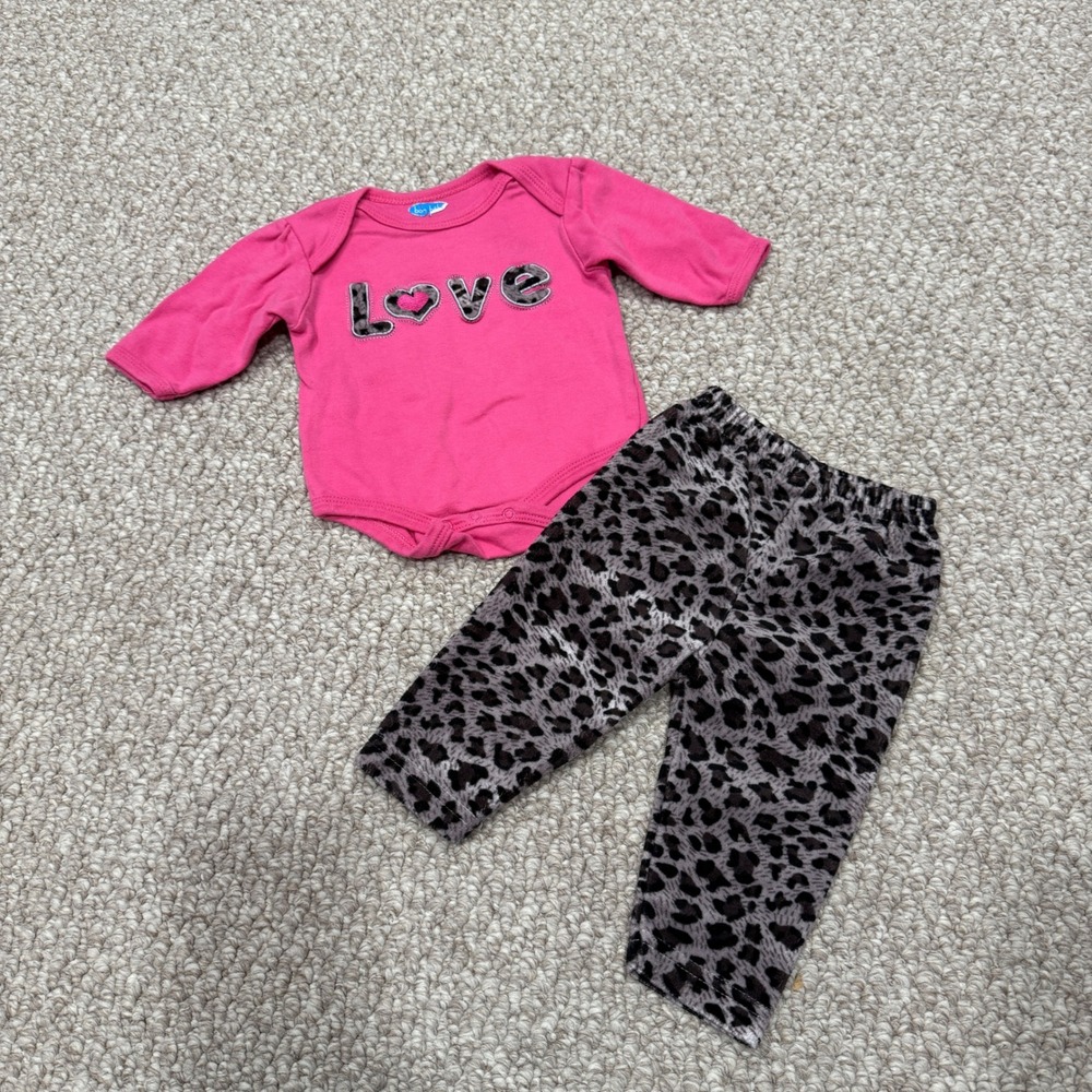 Bon Bebe Baby Girls Long Sleeve‎ Love Bodysuit Leopard Pants Set Size 3-6 Months